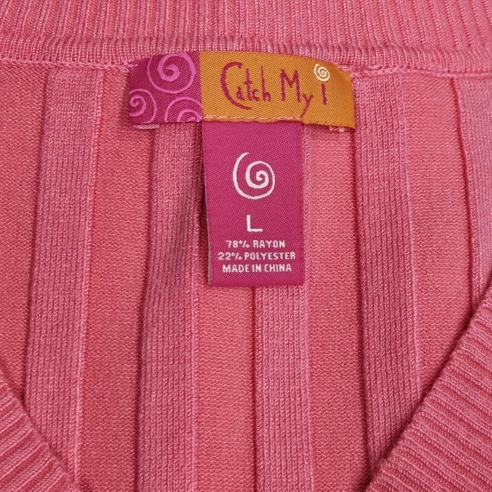 Catch My I Ribbed Stretchy V-neck Pullover Pink Top 78% Rayon 22% Polyester Sz L - Picture 6 of 6